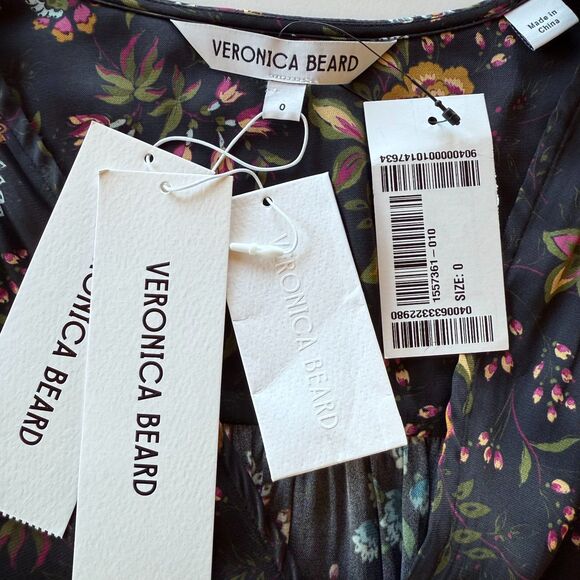 NWT Veronica Beard Terina Gathered Floral-Print Silk-Blend Midi Dress in Black 0 - Picture 9 of 16